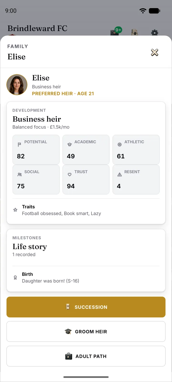 Child detail screen with preferred heir status, traits, trust, resentment and development stats