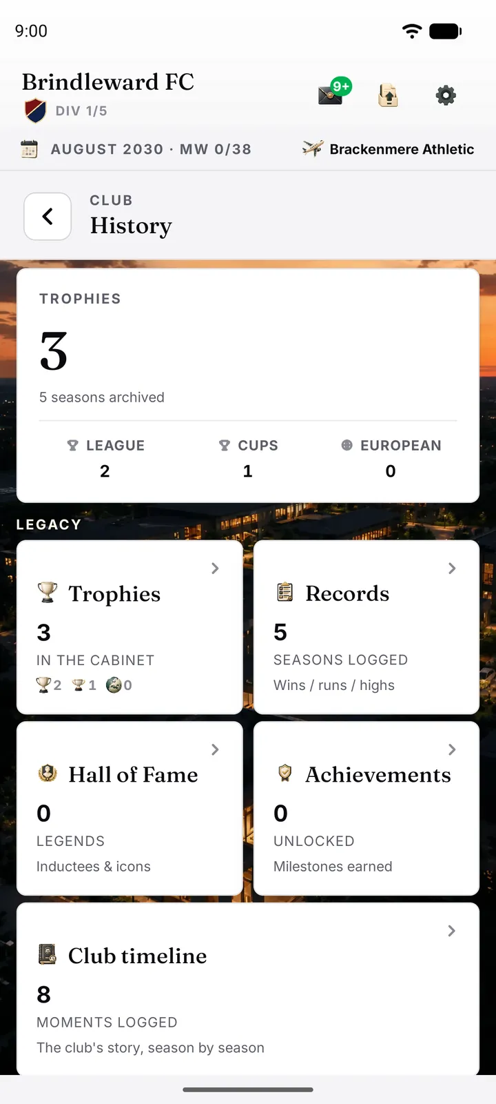 Club history screen with the trophy cabinet, records, hall of fame, achievements and club timeline