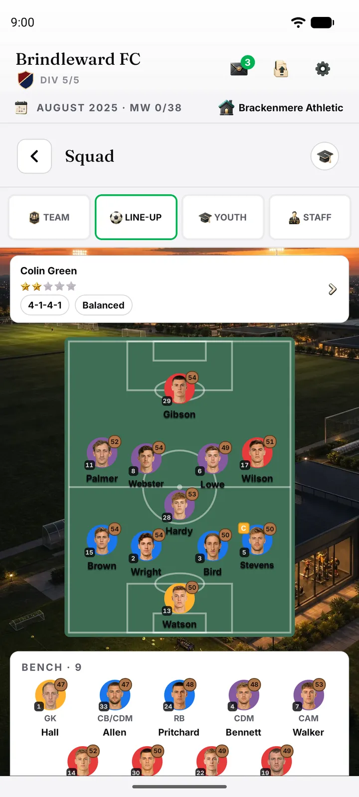 Squad lineup screen showing coach Stuart Robinson's 4-4-2 Possession system, the starting eleven positioned on the pitch and a nine-man bench