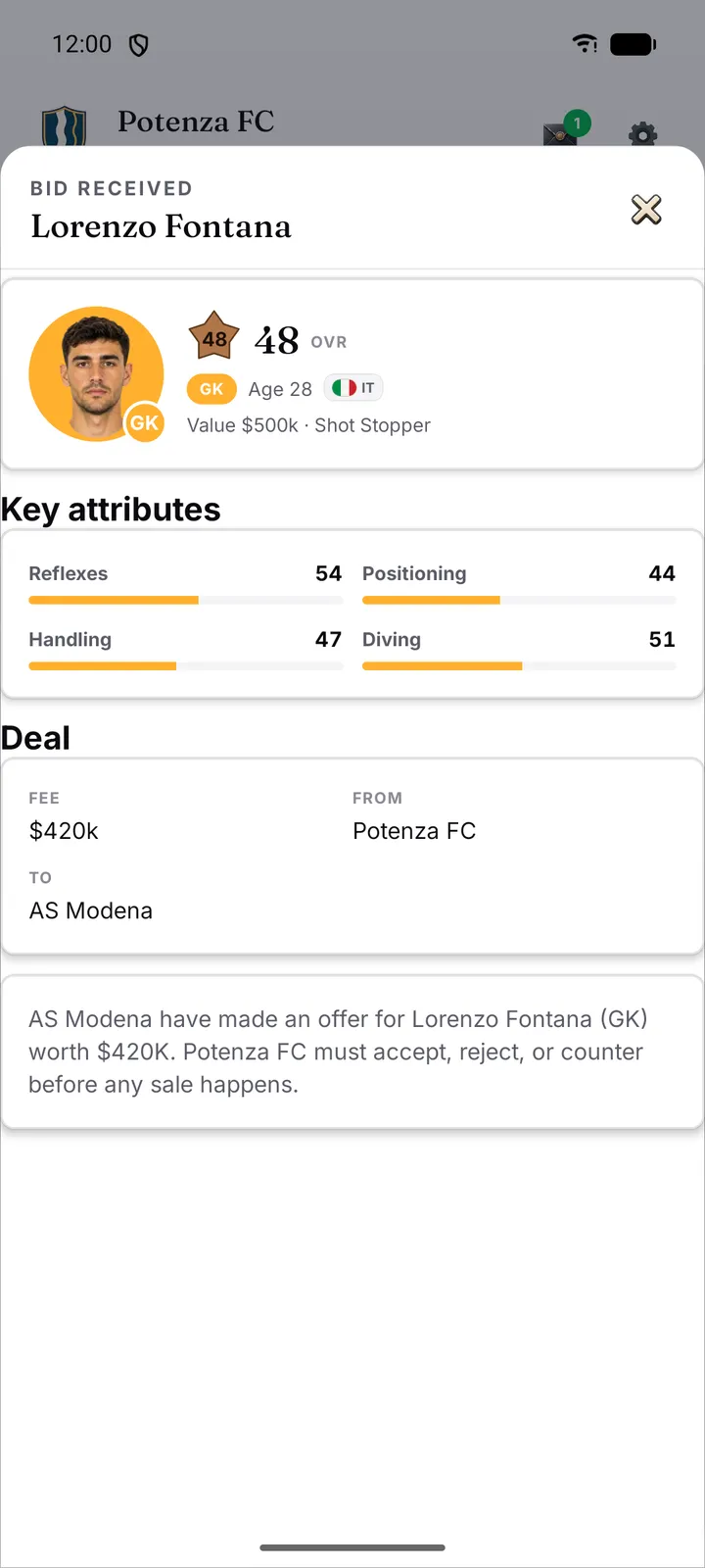 Incoming transfer bid awaiting the owner's decision
