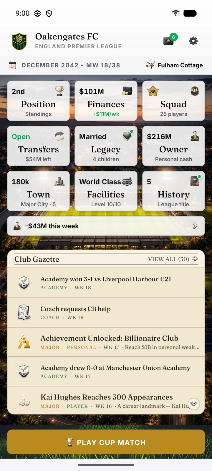 Главная панель на позднем этапе для сохранения Hometown FC в Премьер-лиге