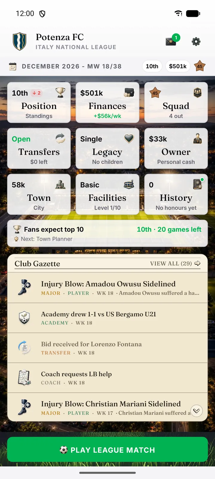 Home dashboard with club KPI tiles and club gazette