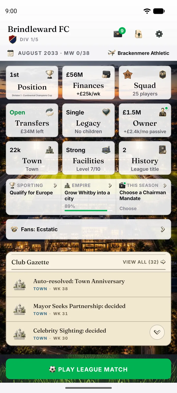 The same dashboard years later, now a top-flight club with a world-class campus, a league title and a multi-million owner fortune