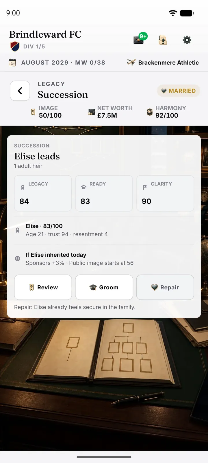 Succession page naming the preferred heir with legacy, readiness and clarity scores