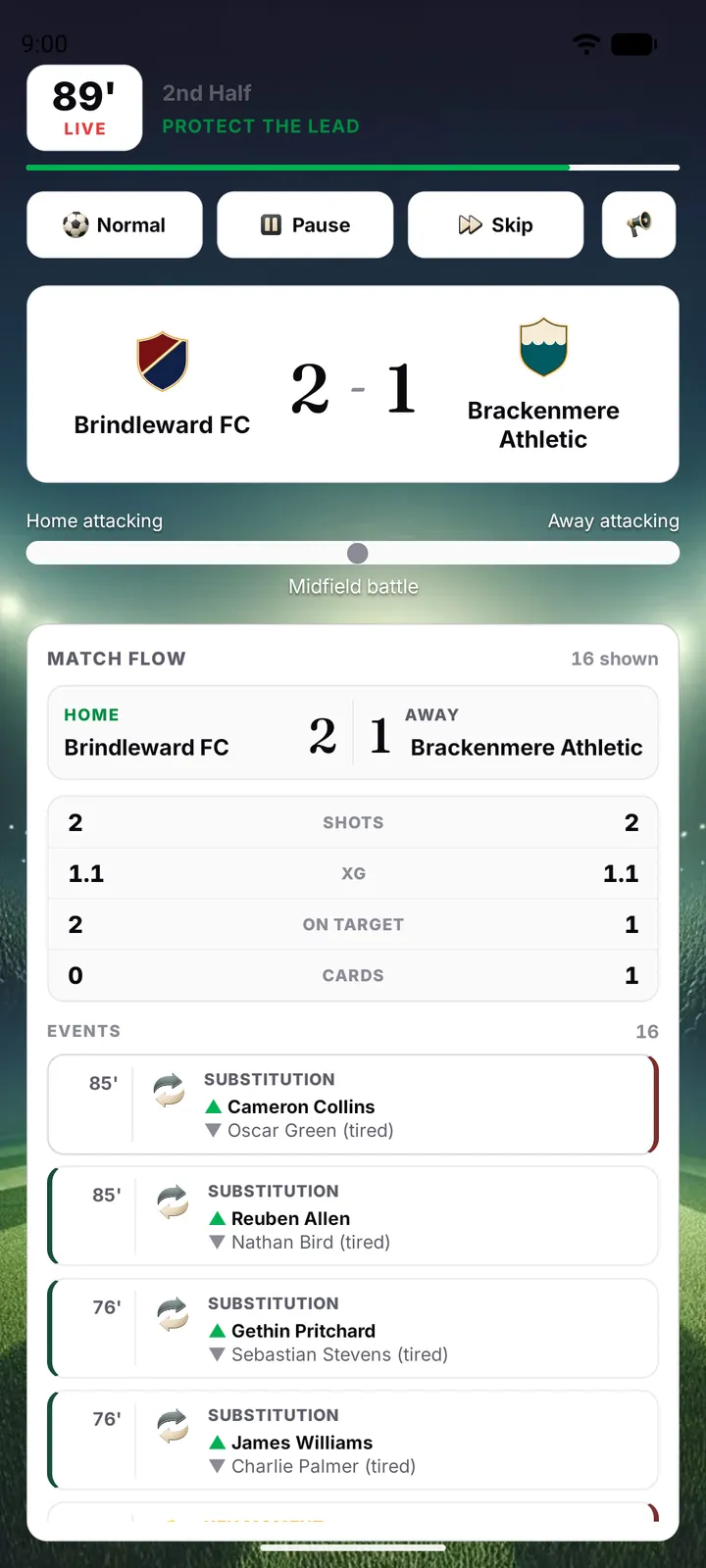 A live continental match in progress, with the match clock, momentum and commentary beats as your club takes on a major European side