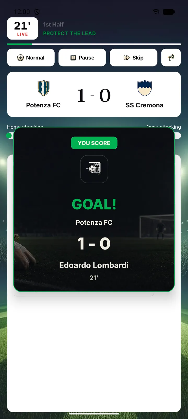 Live match goal moment, 1-0 in the 21st minute