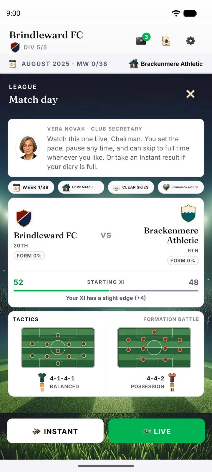 A National League match-day preview for a non-league club, showing the tactical matchup, formations and team news before kickoff