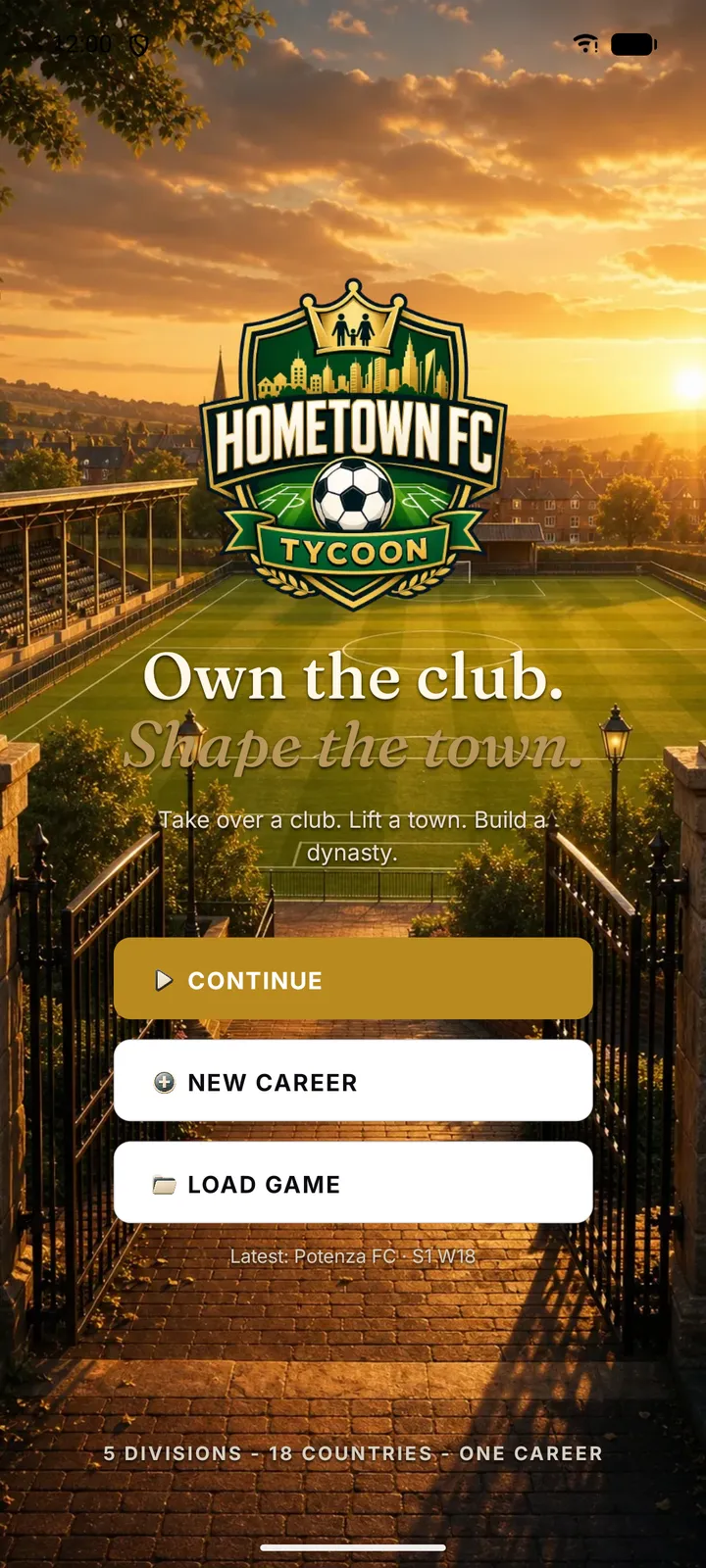 Start screen with the Hometown FC crest over a sunlit ground