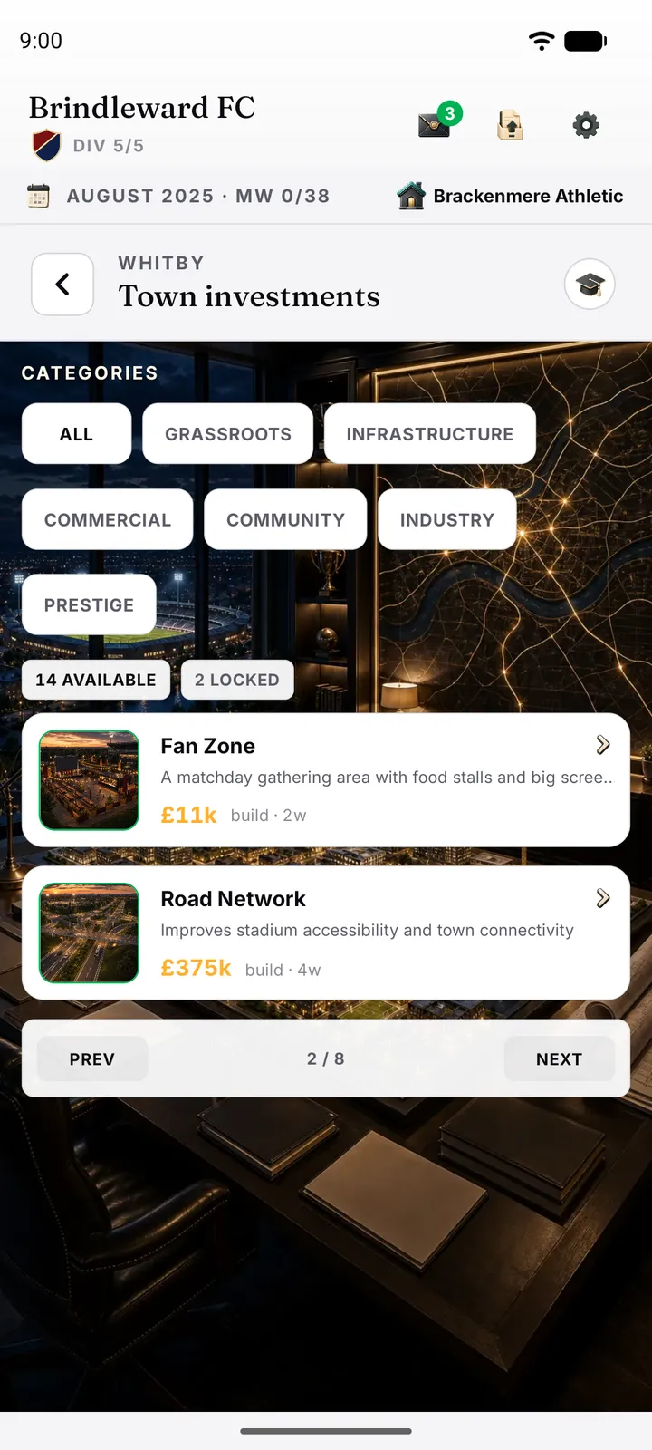 Town investments screen with buildable projects like a fan zone and road network