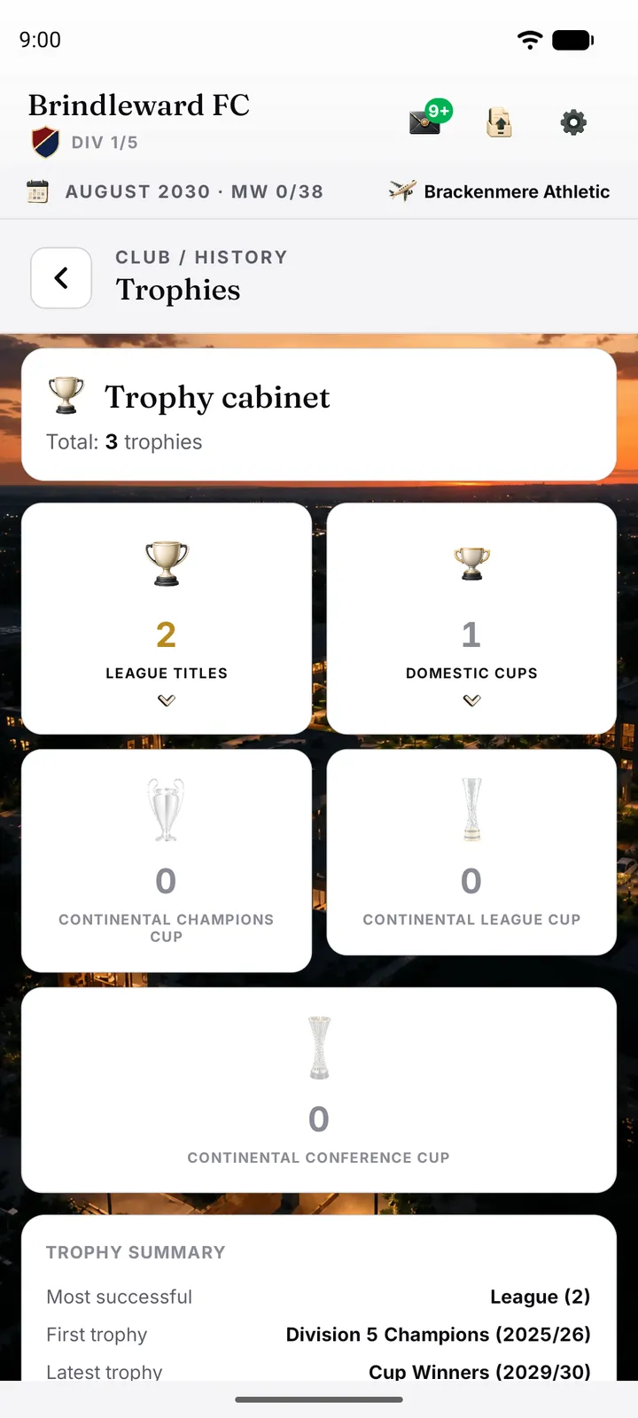 Trophy cabinet with league titles, domestic cups and continental trophies won by the club