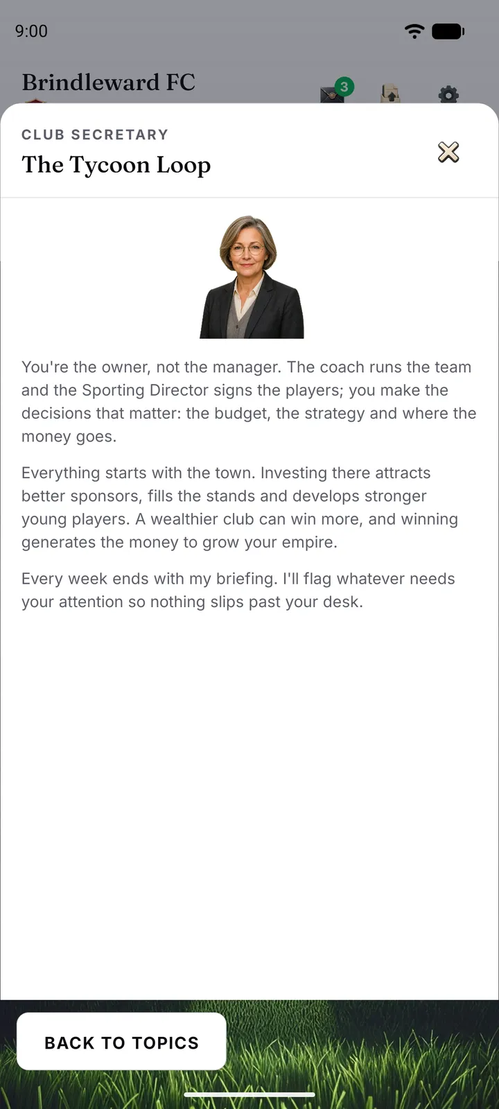 Vera, the Club Secretary, explaining the tycoon loop