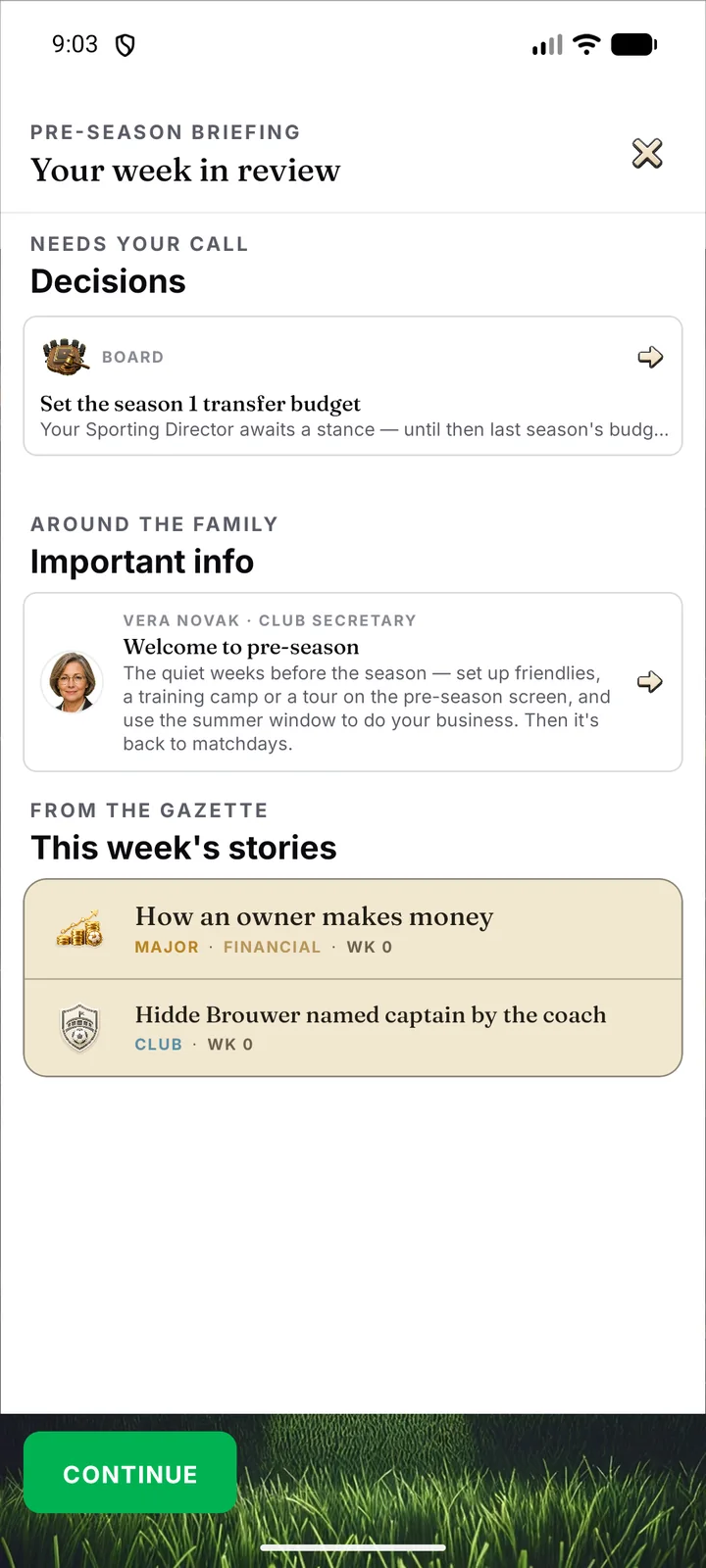 Weekly Briefing-scherm met beslissingen en Gazette-verhalen