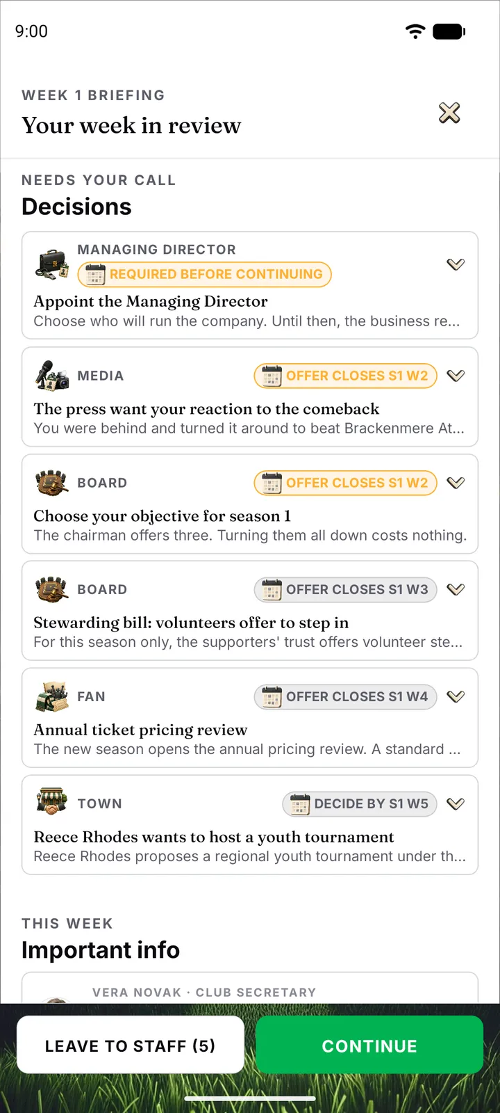 Weekly Briefing sheet with decisions and Gazette stories