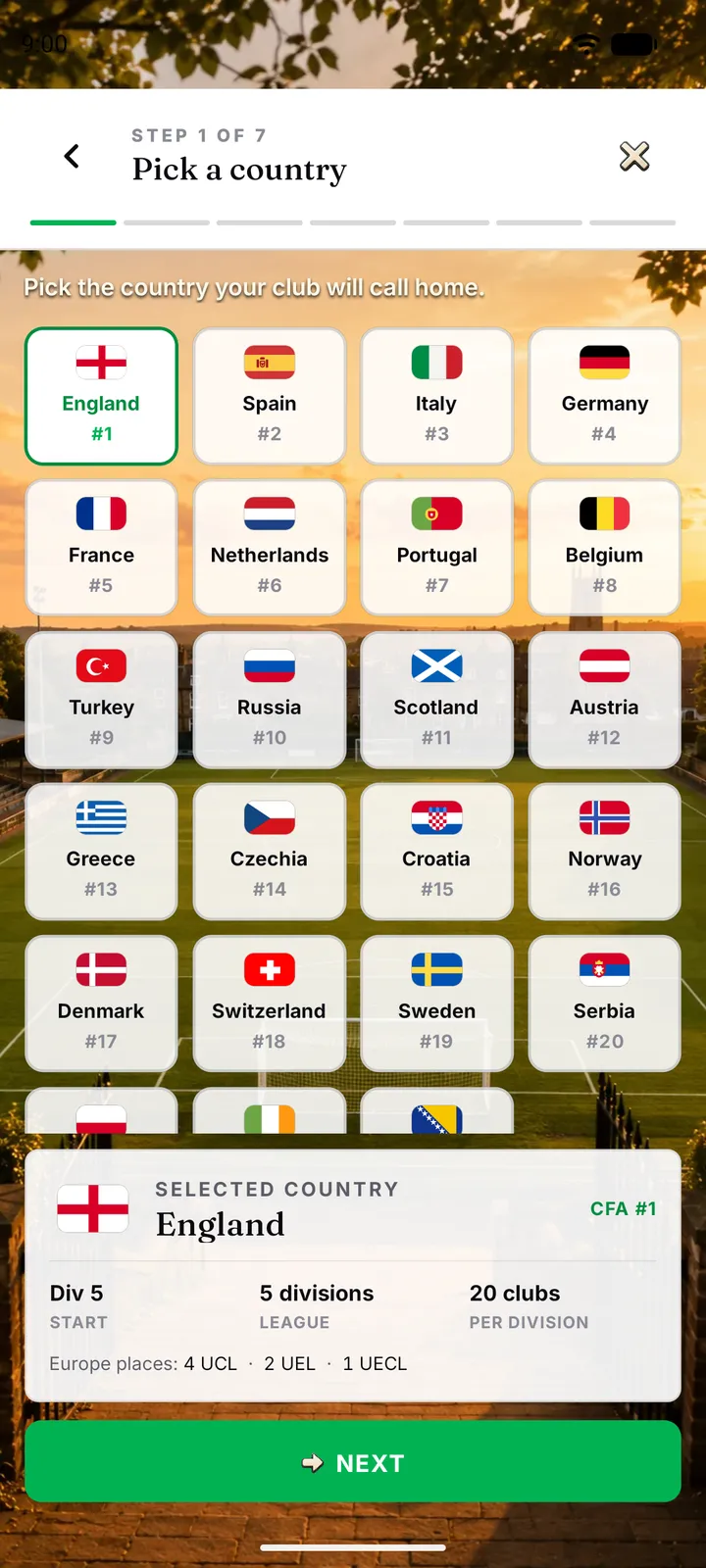 Country picker with England selected