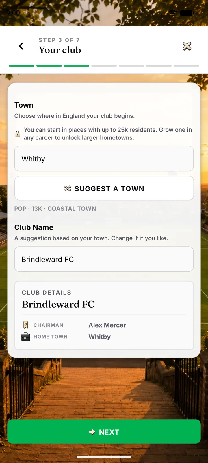 Club setup screen where the owner names the hometown