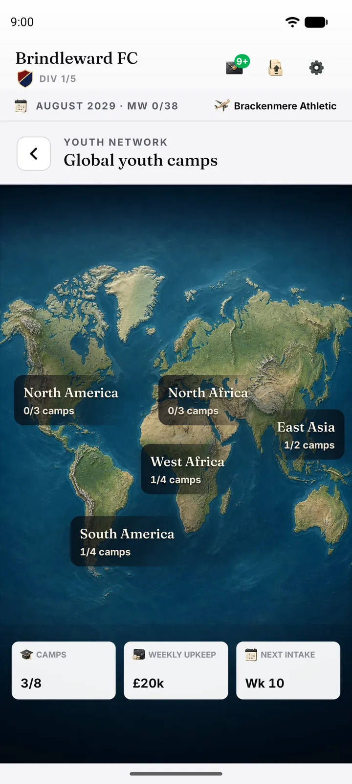 A world map of international youth camps where the academy graduates you raised are scouted toward their national teams
